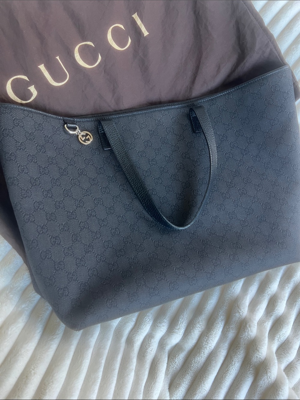 Gucci Black GG Canvas Tote with silver Charm